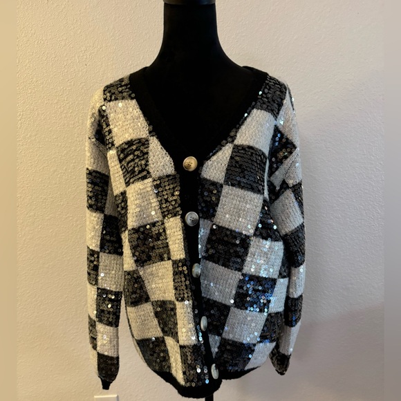 BiBi Black and White Checkered Sequin Cardigan - Picture 10 of 10